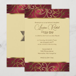 Invitación Bat Mitzvah Elegant Red and Gold Filigree