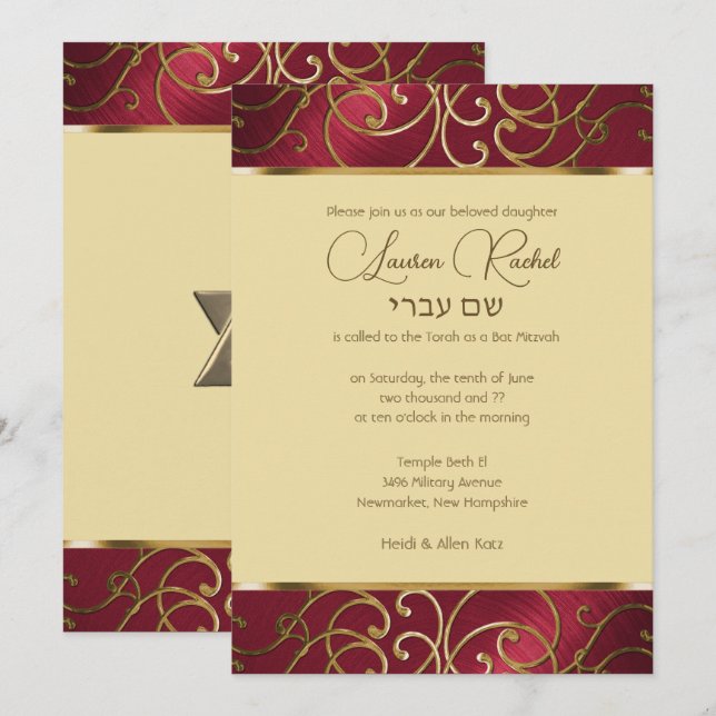 Invitación Bat Mitzvah Elegant Red and Gold Filigree (Anverso / Reverso)