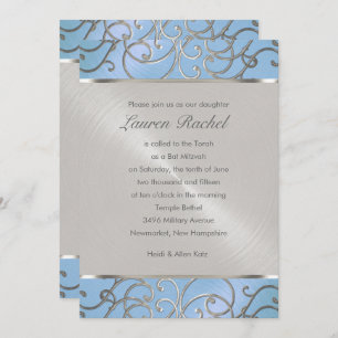 Invitación Bat Mitzvah Elegant Sky Blue and Silver Filigree