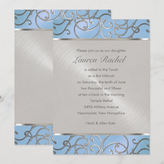 Invitación Bat Mitzvah Elegant Sky Blue and Silver Filigree (Anverso / Reverso)