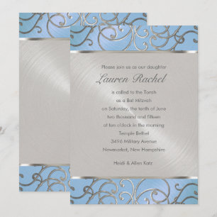 Invitación Bat Mitzvah Elegant Sky Blue and Silver Filigree