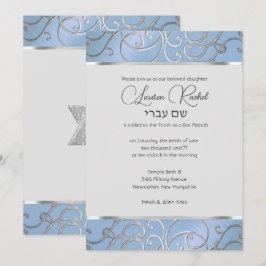 Invitación Bat Mitzvah Elegant Sky Blue and Silver Filigree