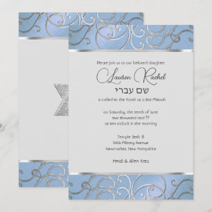 Invitación Bat Mitzvah Elegant Sky Blue and Silver Filigree