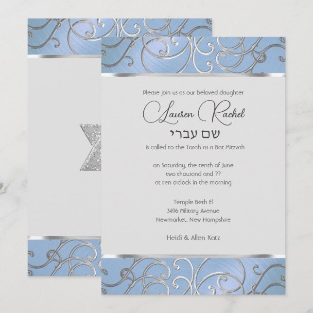 Invitación Bat Mitzvah Elegant Sky Blue and Silver Filigree (Anverso / Reverso)