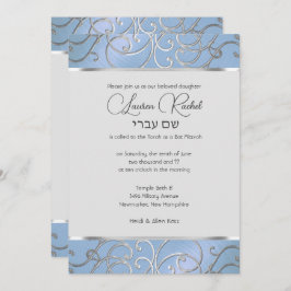 Invitación Bat Mitzvah Elegant Sky Blue and Silver Filigree