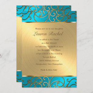 Invitación Bat Mitzvah Elegant Turquoise Blue Gold Filigree
