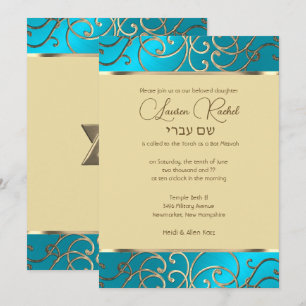 Invitación Bat Mitzvah Elegant Turquoise Blue Gold Filigree