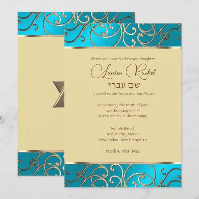 Invitación Bat Mitzvah Elegant Turquoise Blue Gold Filigree (Anverso / Reverso)