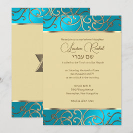 Invitación Bat Mitzvah Elegant Turquoise Blue Gold Filigree