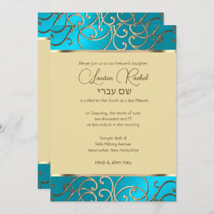 Invitación Bat Mitzvah Elegant Turquoise Blue Gold Filigree