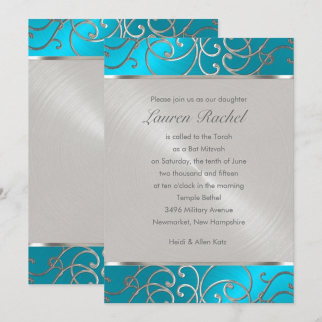 Invitación Bat Mitzvah Elegant Turquoise Blue Silver Filigree (Anverso / Reverso)