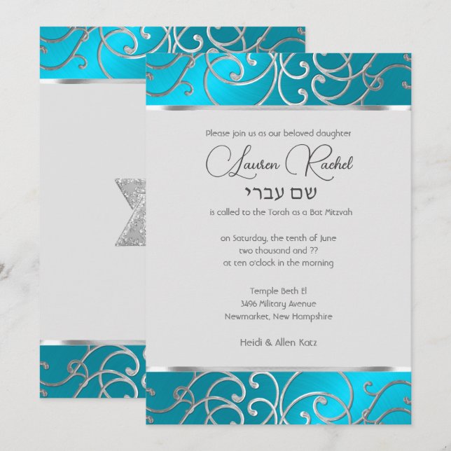 Invitación Bat Mitzvah Elegant Turquoise Blue Silver Filigree (Anverso / Reverso)