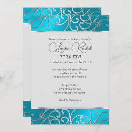 Invitación Bat Mitzvah Elegant Turquoise Blue Silver Filigree