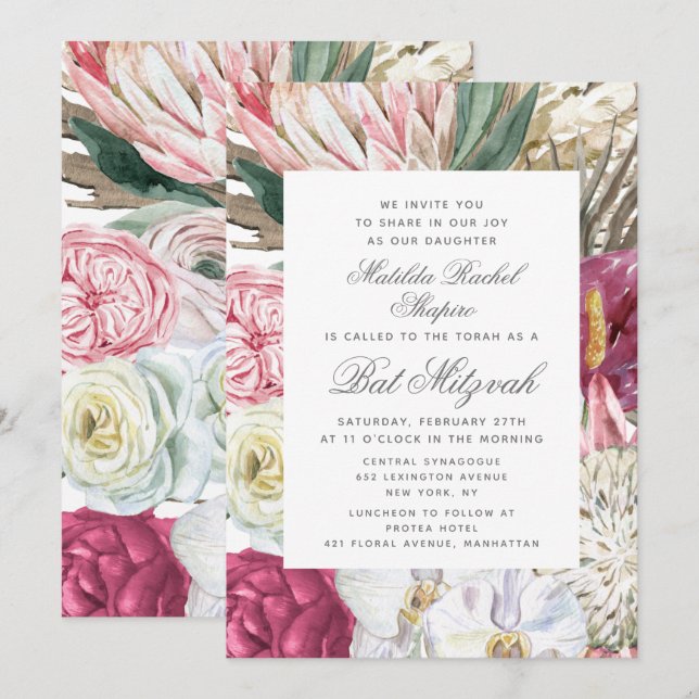 Invitación Bat Mitzvah Elegante acuarela Floral (Anverso / Reverso)