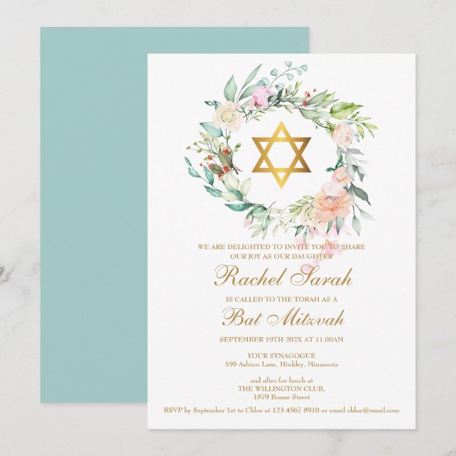 Invitación Bat Mitzvah Elegante acuarela Floral Garland (Anverso / Reverso)