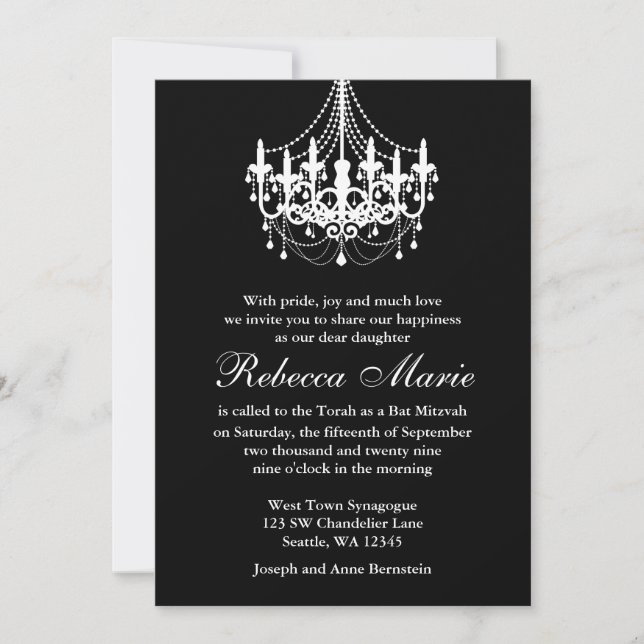 Invitación Bat Mitzvah, elegante araña blanca y negra (Anverso)
