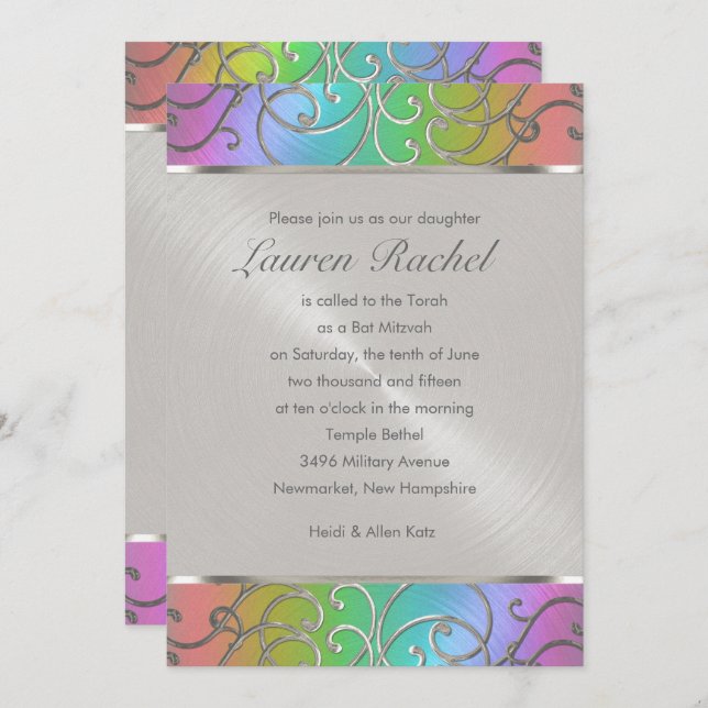 Invitación Bat Mitzvah Elegante arco iris y filigrí plateado (Anverso / Reverso)