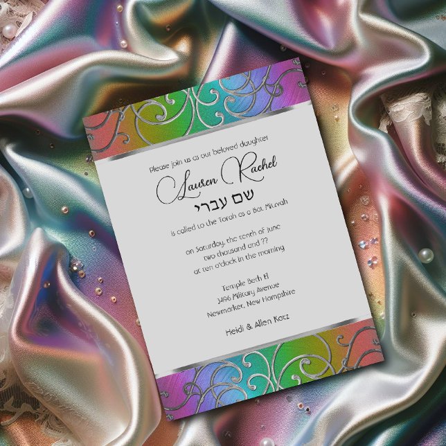 Invitación Bat Mitzvah Elegante arco iris y filigrí plateado (Subido por el creador)