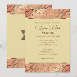 Invitación Bat Mitzvah Elegante Filigrana de Melocotón y Dora