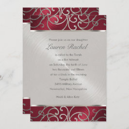 Invitación Bat Mitzvah Elegante Filigree Rojo y Plata