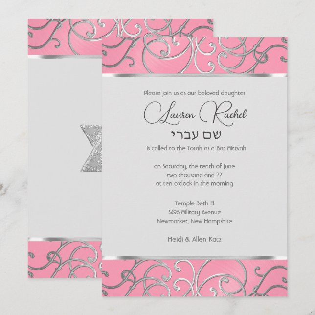 Invitación Bat Mitzvah Elegante Filigree rosa y plateado (Anverso / Reverso)