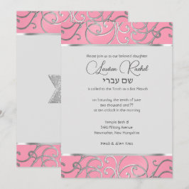 Invitación Bat Mitzvah Elegante Filigree rosa y plateado