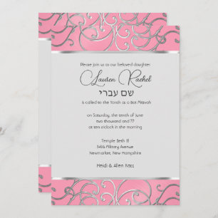 Invitación Bat Mitzvah Elegante Filigree rosa y plateado