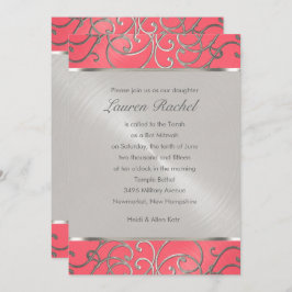 Invitación Bat Mitzvah Elegante Filigree rosa y plateado