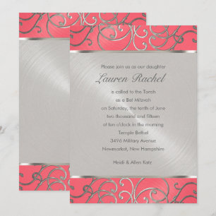 Invitación Bat Mitzvah Elegante Filigree rosa y plateado