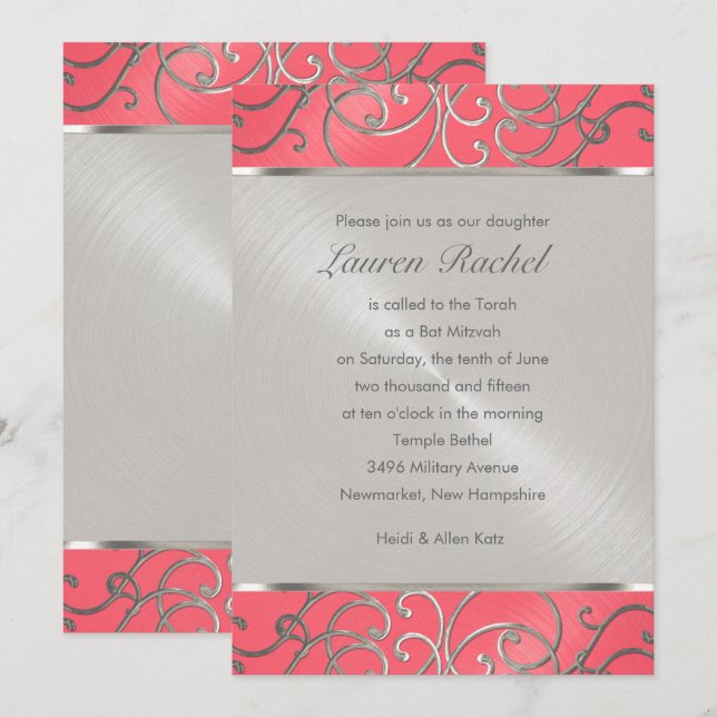 Invitación Bat Mitzvah Elegante Filigree rosa y plateado (Anverso / Reverso)