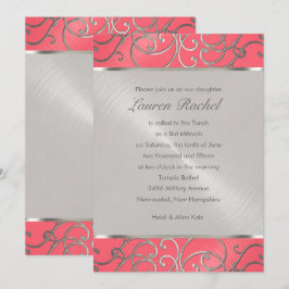 Invitación Bat Mitzvah Elegante Filigree rosa y plateado