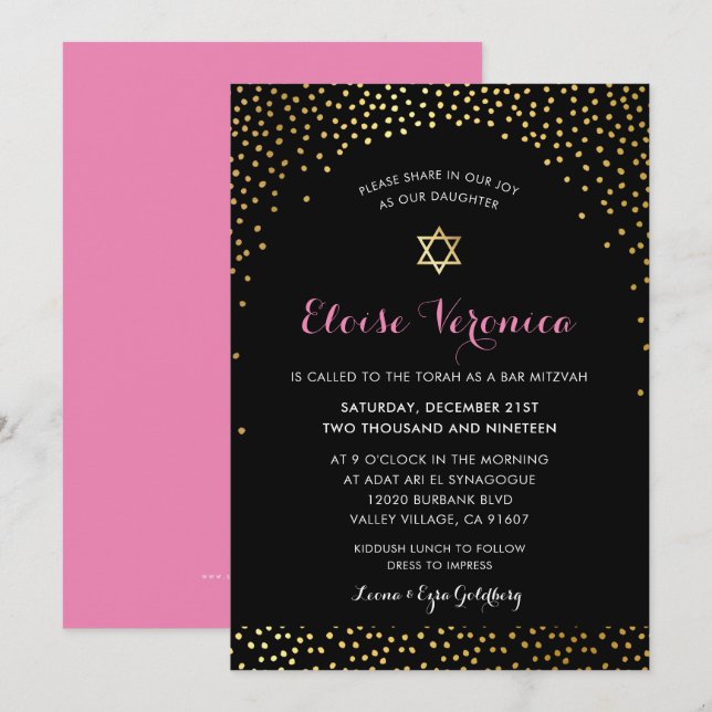 Invitación BAT MITZVAH elegante glamour confeti spot oro rosa (Anverso / Reverso)