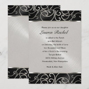 Invitación Bat Mitzvah Elegante negro y plateado Filigree