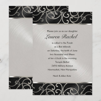 Invitación Bat Mitzvah Elegante negro y plateado Filigree
