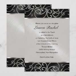 Invitación Bat Mitzvah Elegante negro y plateado Filigree