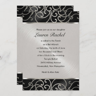 Invitación Bat Mitzvah Elegante negro y plateado Filigree