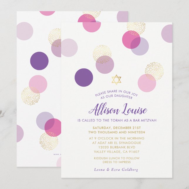 Invitación BAT MITZVAH elegante spot de confeti dorado púrpur (Anverso / Reverso)