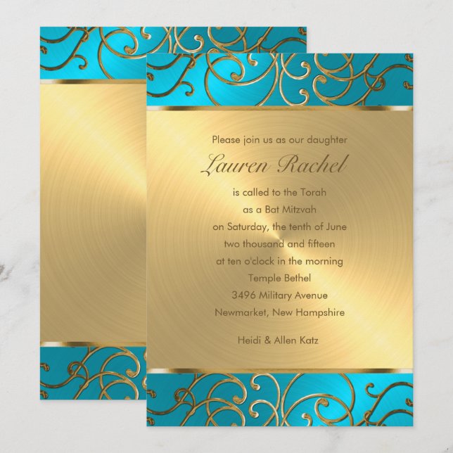 Invitación Bat Mitzvah Elegante Turquesa Azul Dorado Filigran (Anverso / Reverso)