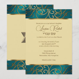 Invitación Bat Mitzvah Elegante Verde azulado azul y oro fili