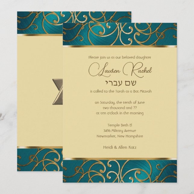 Invitación Bat Mitzvah Elegante Verde azulado azul y oro fili (Anverso / Reverso)