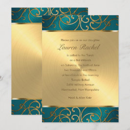Invitación Bat Mitzvah Elegante Verde azulado azul y oro fili