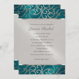 Invitación Bat Mitzvah Elegante Verde azulado azul y plateado