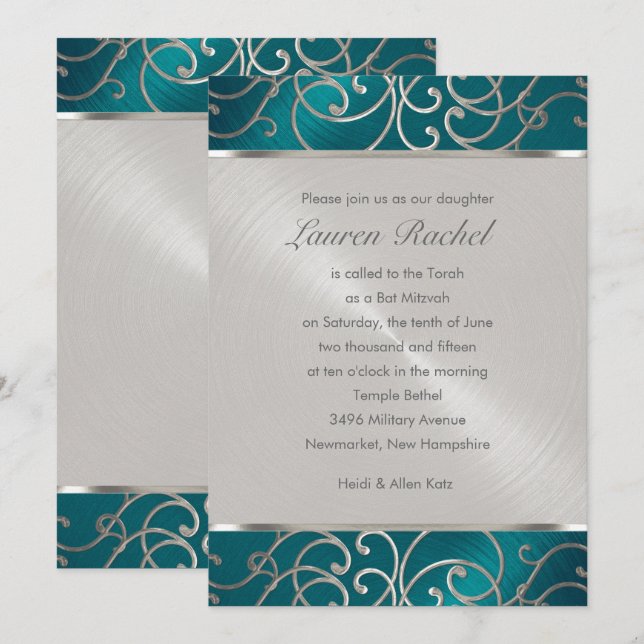 Invitación Bat Mitzvah Elegante Verde azulado azul y plateado (Anverso / Reverso)