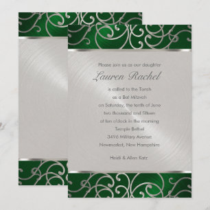 Invitación Bat Mitzvah Elegante Verde Esmeralda Plata Filigra