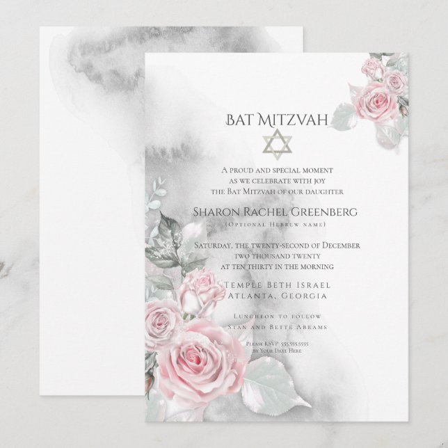 Invitación BAT MITZVAH | Elegantes Rosas de acuarela rosa (Anverso / Reverso)