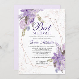 Invitación Bat Mitzvah en rosa oro con flores púrpura en acua