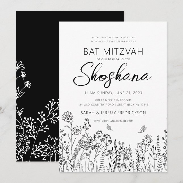 Invitación Bat Mitzvah Escritura a Mano Hebrea Floral (Anverso / Reverso)