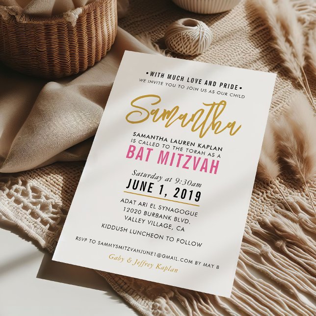 Invitación BAT MITZVAH escritura moderna bonito de oro rosa (Subido por el creador)