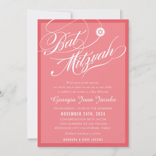 Invitación BAT MITZVAH escritura moderna elegante flamingo ro (Anverso)