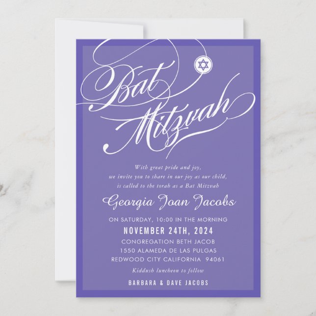 Invitación BAT MITZVAH escritura moderna elegante lavanda mor (Anverso)
